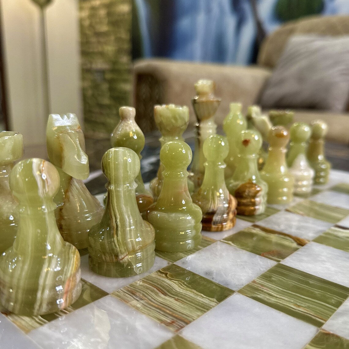 White and Green Onyx Elegant Marble Chess Set 15 Inches