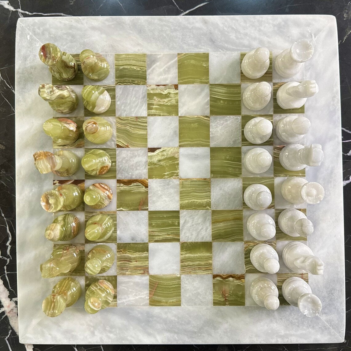 White and Green Onyx Elegant Marble Chess Set 15 Inches