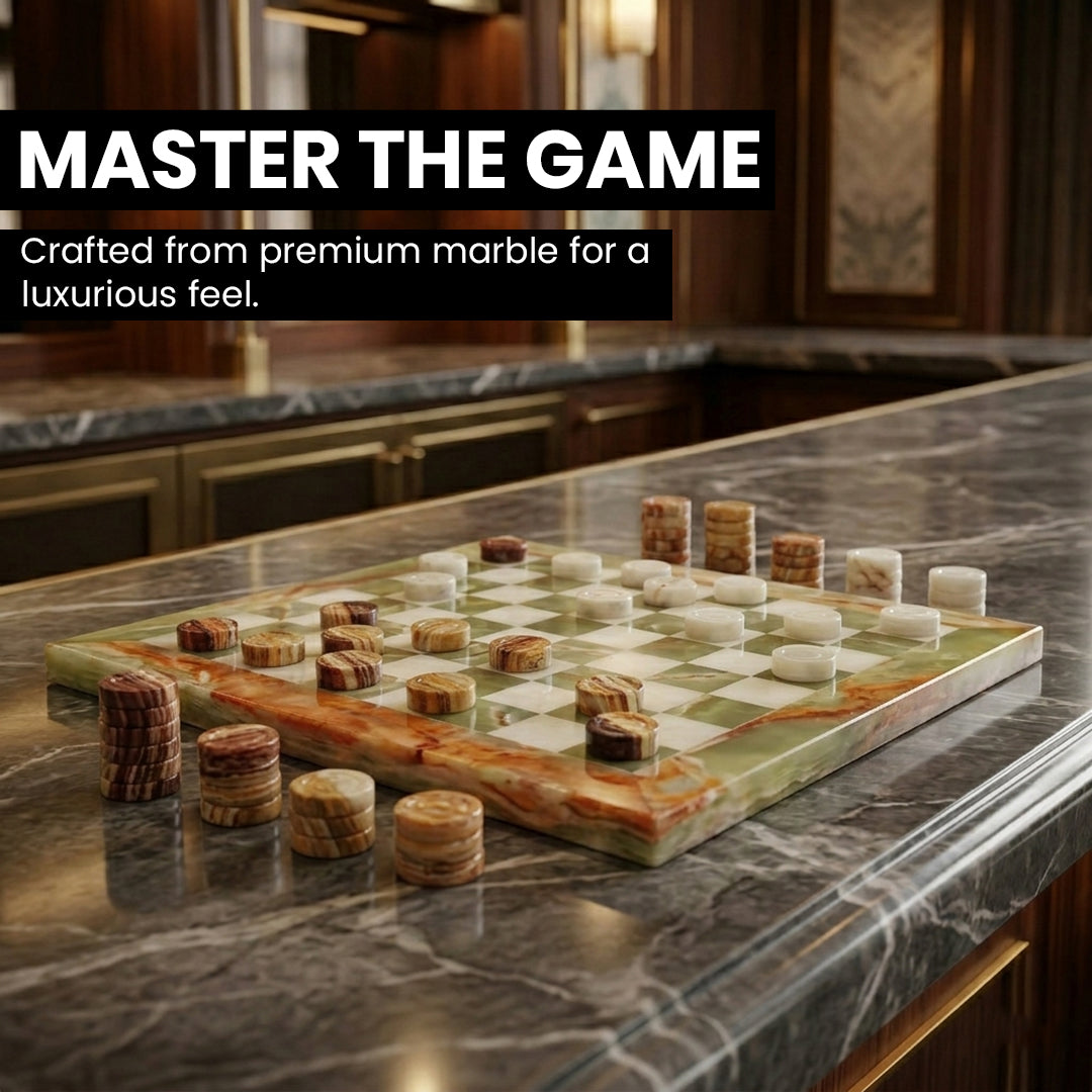 White and Green Onyx Marble Checkers Set - (32 Premium Pieces )