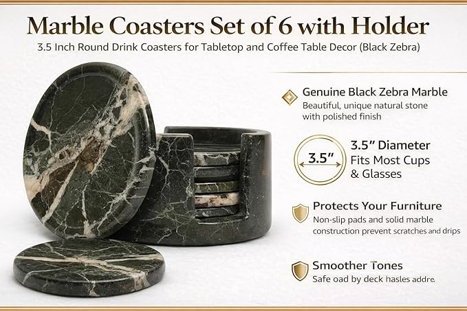 Black Zebra Round Marble Coaster (Set of 6)