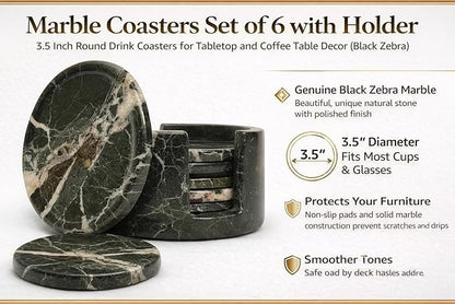 Black Zebra Round Marble Coaster (Set of 6)