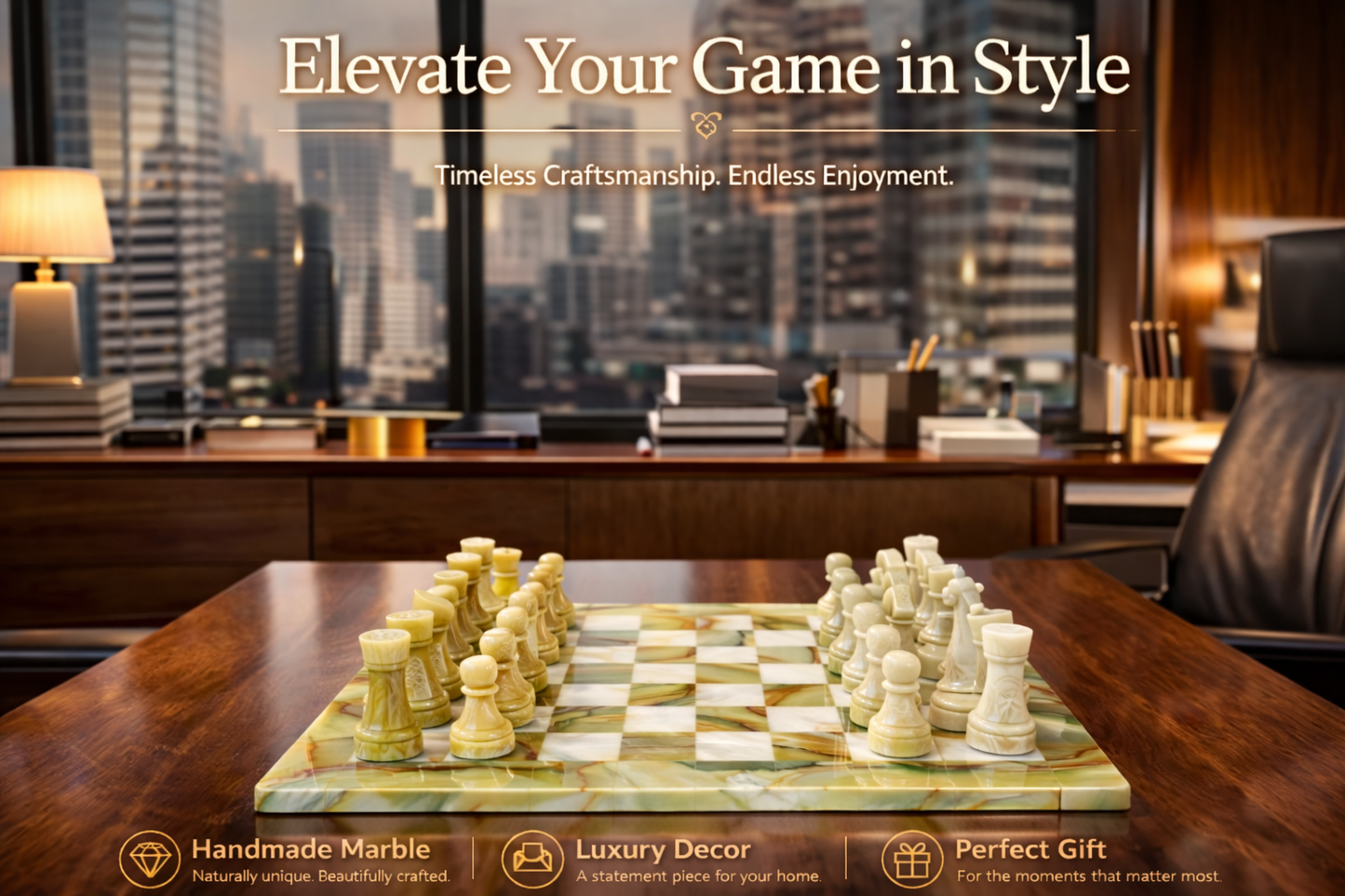 Green Onyx and White Elegant Chess Set 15 Inches | Large Handcrafted Natural Stone