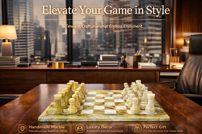 Green Onyx and White Elegant Chess Set 15 Inches | Large Handcrafted Natural Stone