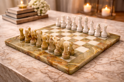 Green Onyx and White Elegant Chess Set 15 Inches | Large Handcrafted Natural Stone
