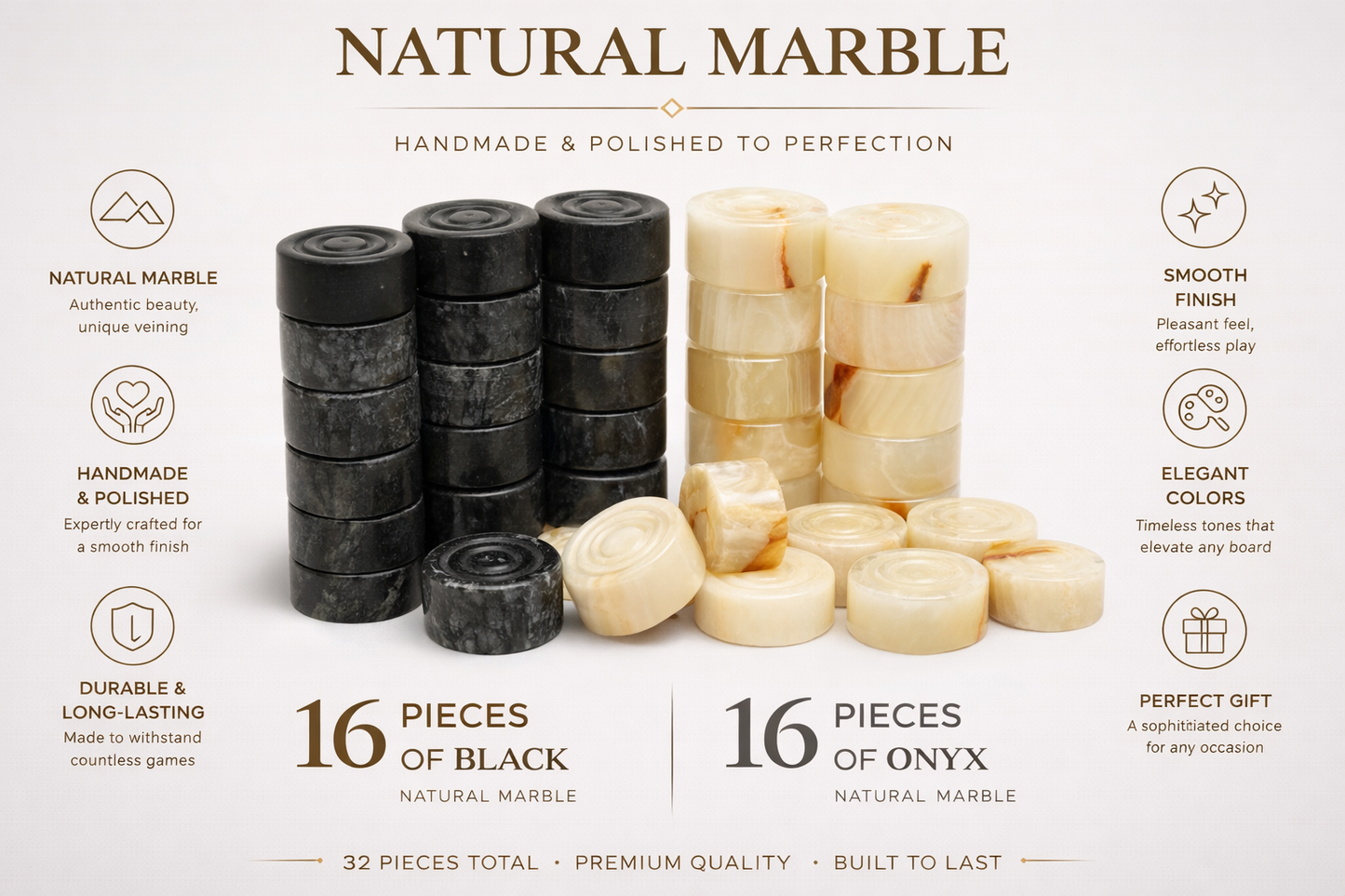 Black Onyx and White Marble Checkers Set - (Luxury 32 Pieces)