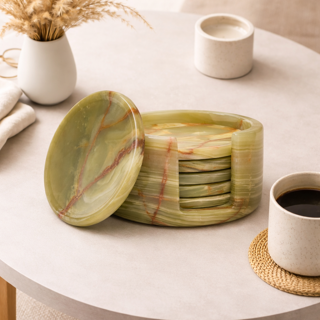 Green Onyx Round Marble Coaster (Set of 6)