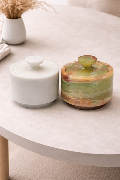 White and Green Marble Salt Cellar with Lid – 2 Pack Set