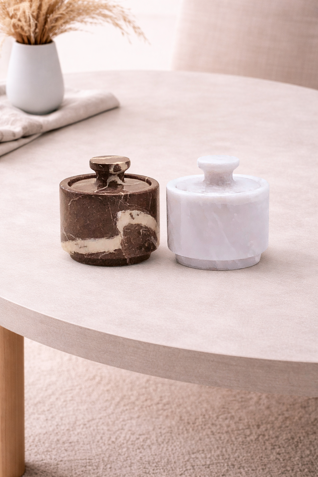 White and Red Marble Salt Cellar with Lid – 2 Pack Set