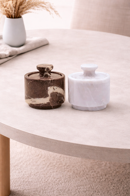 White and Red Marble Salt Cellar with Lid – 2 Pack Set
