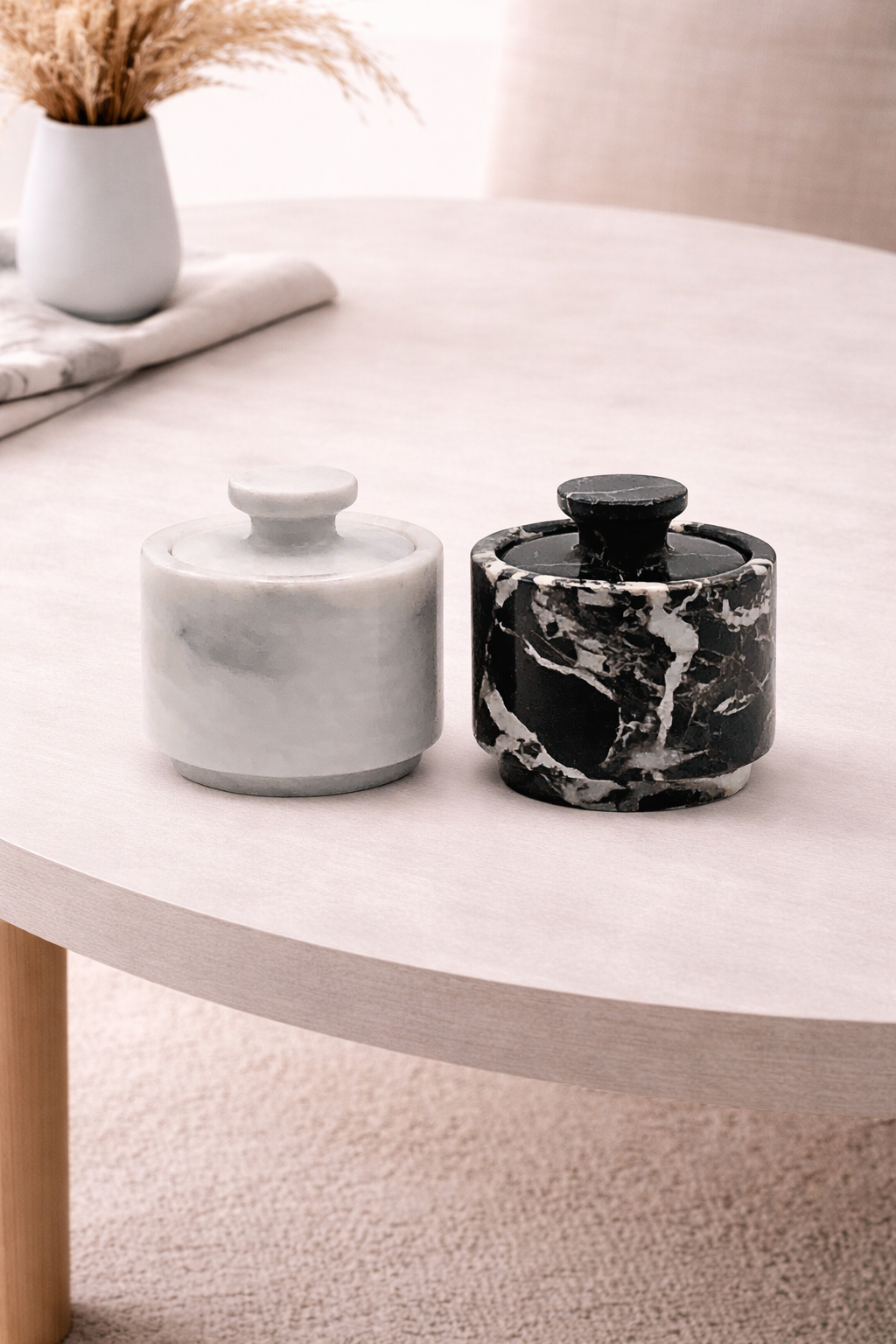 White and Black Zebra Marble Salt Cellar with Lid – 2 Pack