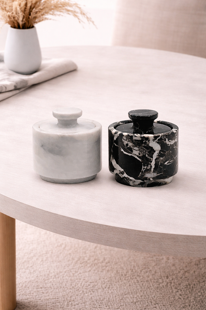 White and Black Zebra Marble Salt Cellar with Lid – 2 Pack
