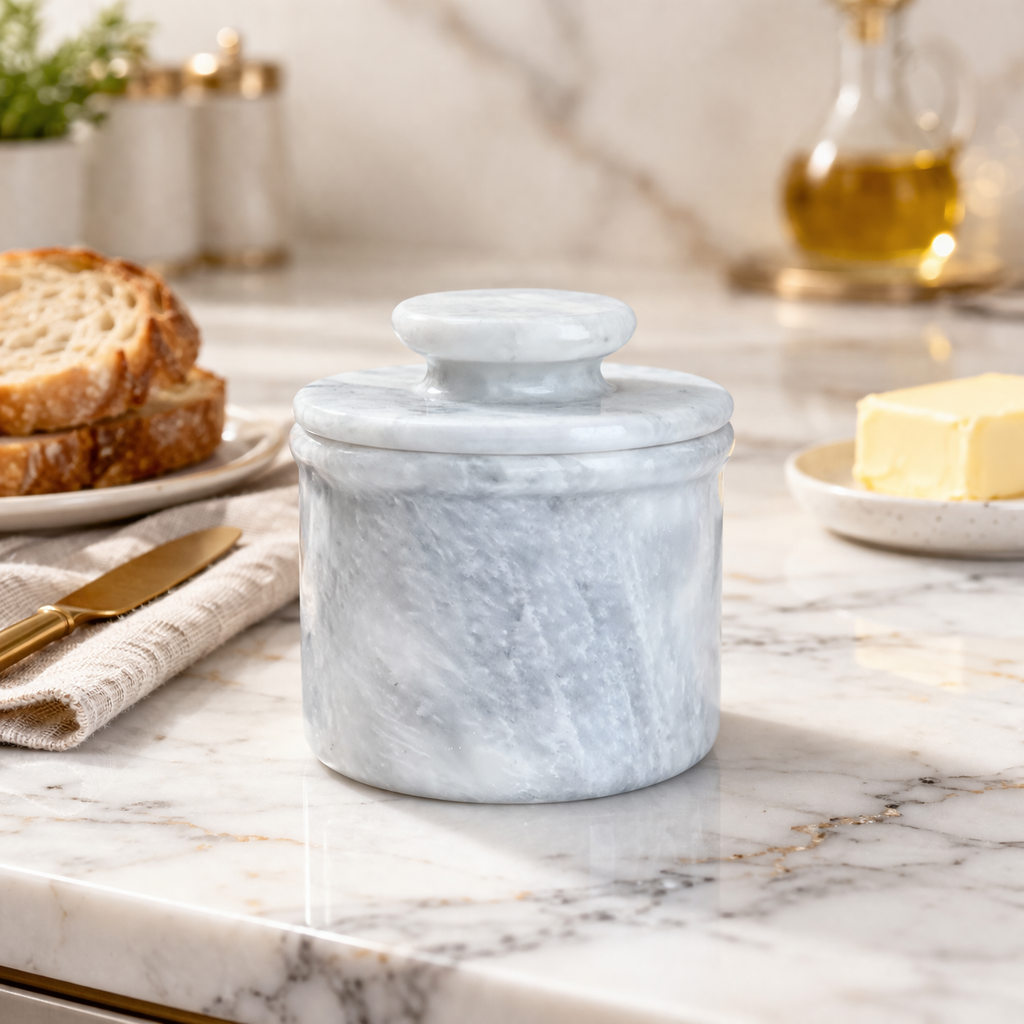 White Marble Butter Keeper with Lid - French Butter Crock
