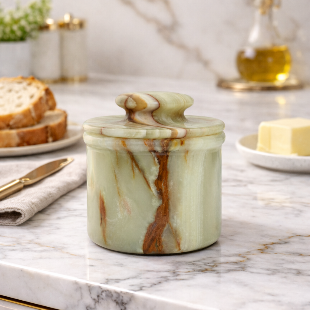 Green Onyx Butter Keeper with Lid - French Butter Crock