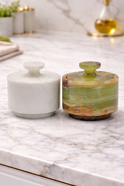 White and Green Marble Salt Cellar with Lid – 2 Pack Set