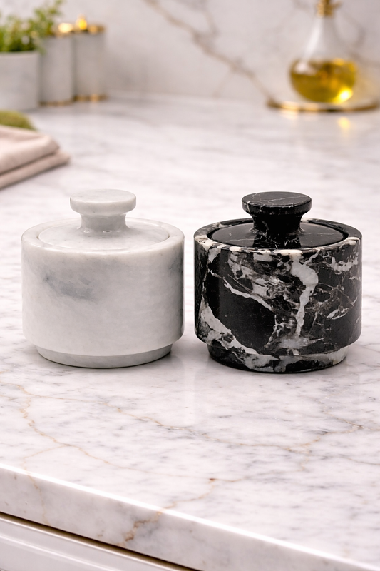 White and Black Zebra Marble Salt Cellar with Lid – 2 Pack
