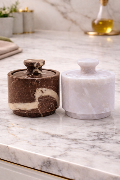 White and Red Marble Salt Cellar with Lid – 2 Pack Set
