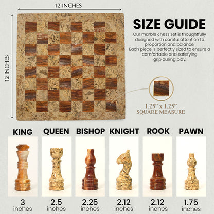 Coral Brown Marble Chess Set 12 Inches - Premium Handcrafted