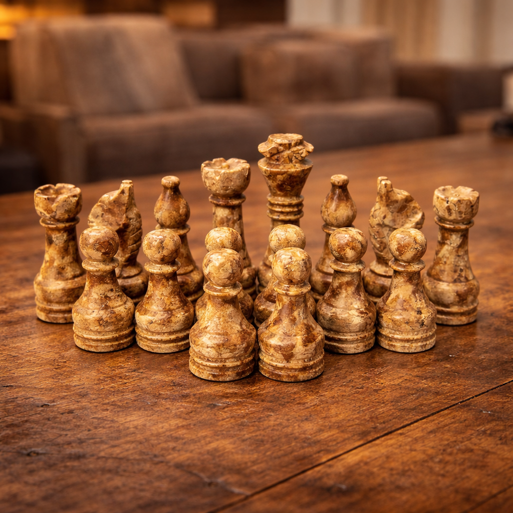 Coral and Green Onyx Chess Pieces for 12 to 16 Inches Board