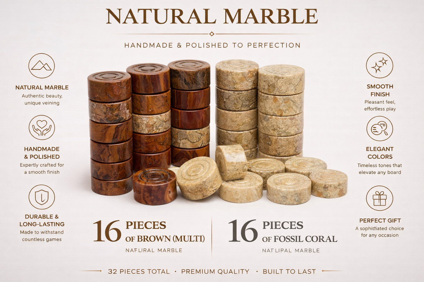 Brown and Coral Marble Checkers Set - Handmade Luxury (32 Pieces)