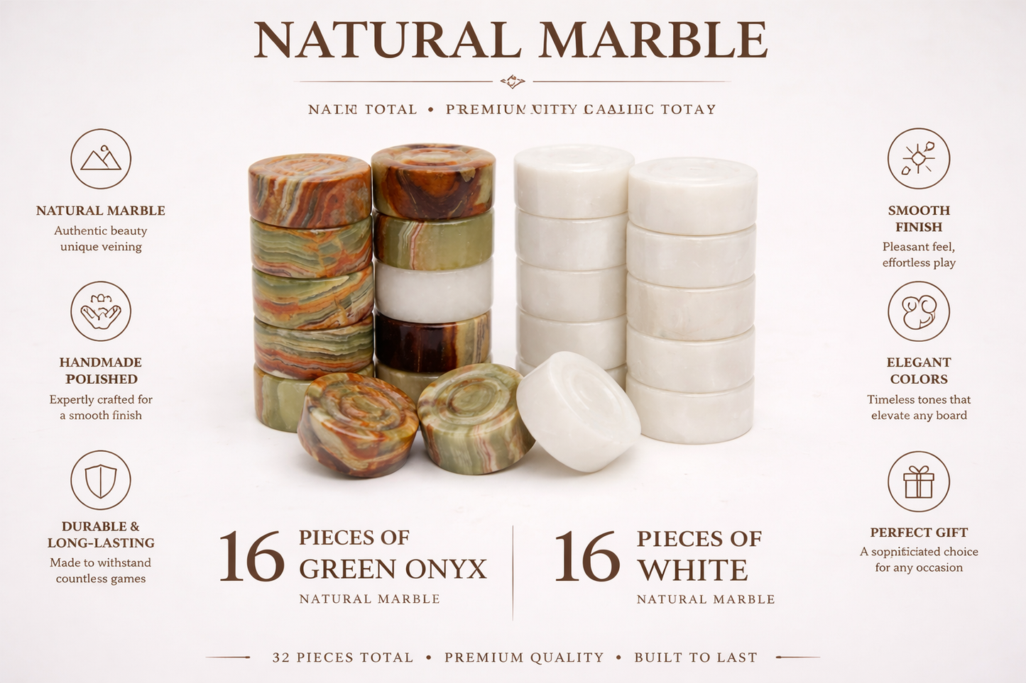 White and Green Onyx Marble Checkers Set - (32 Premium Pieces )