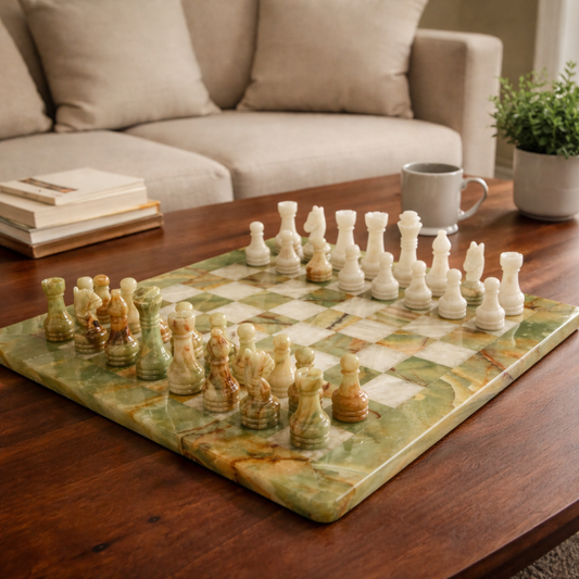 Green Onyx and White Marble Chess Set 12 Inches - Premium Handcrafted