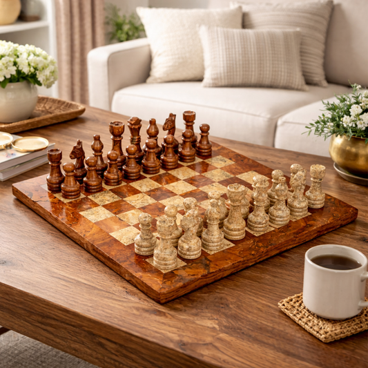Brown Coral Marble Chess Set - 12 Inches Premium Handmade