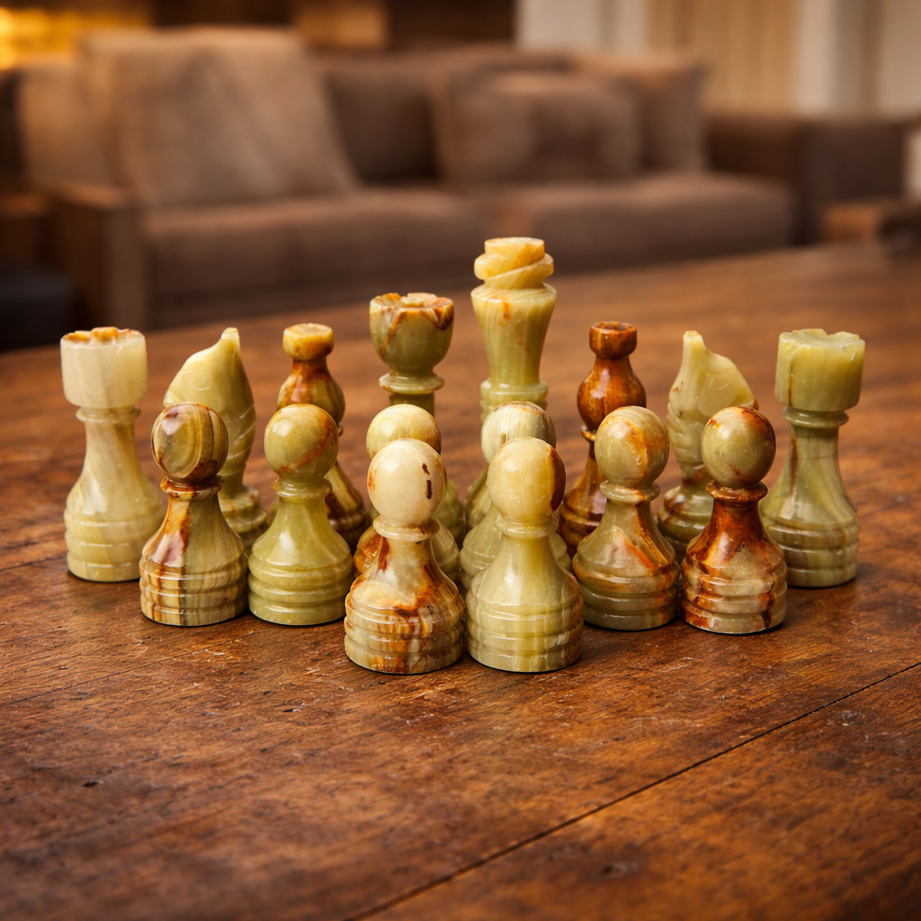 White Green Onyx Marble Chess Pieces for 12 to 16 Inches Board - Handmade (Pieces Only)