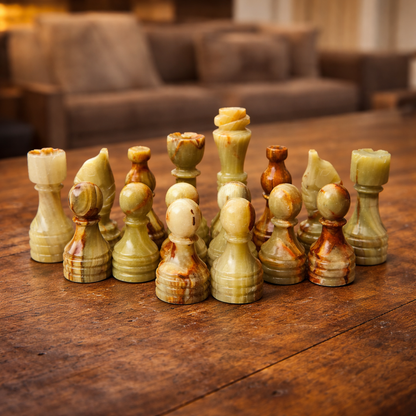 White Green Onyx Marble Chess Pieces for 12 to 16 Inches Board - Handmade (Pieces Only)