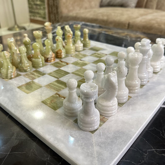 White and Green Onyx Elegant Marble Chess Set 15 Inches