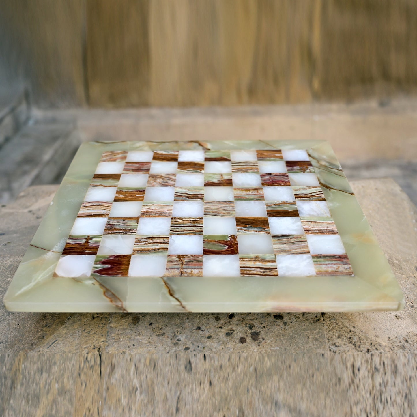 Green Onyx and White Handmade Chess Board Only 15 Inches
