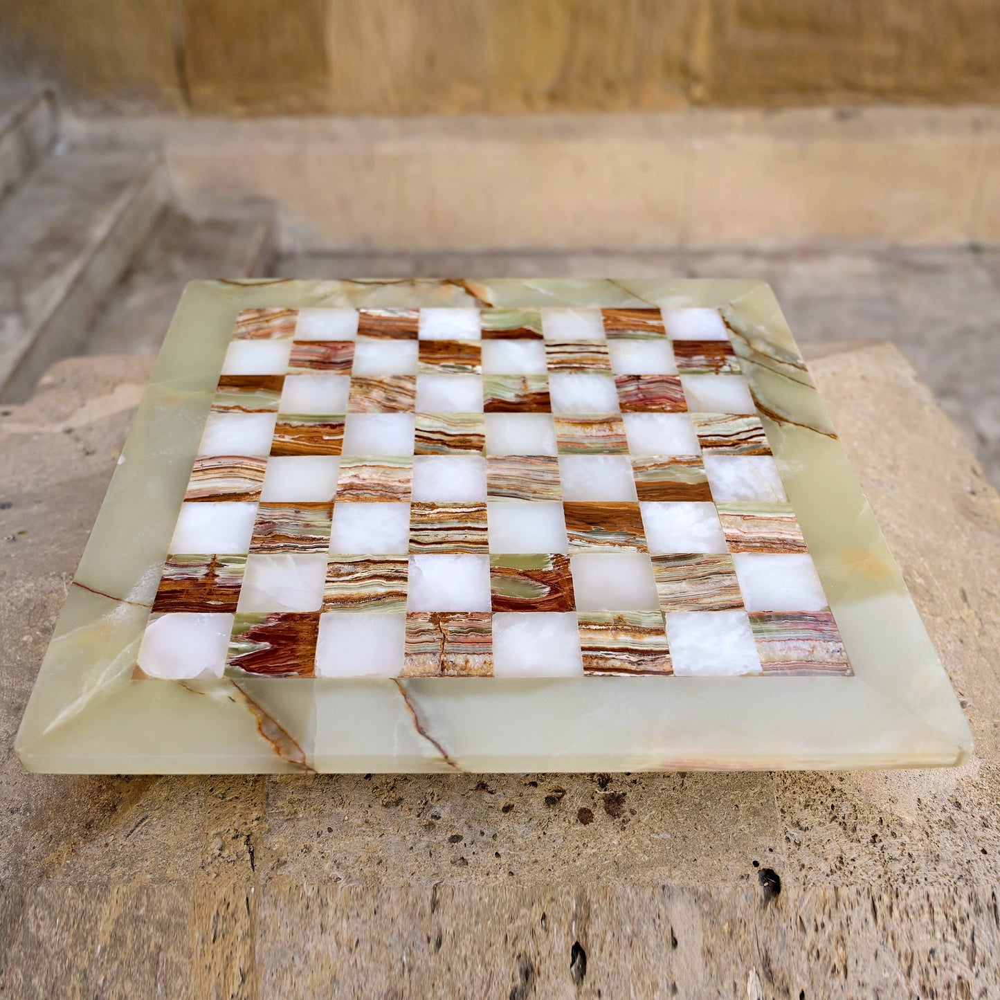 Green Onyx and White Handmade Chess Board Only 15 Inches
