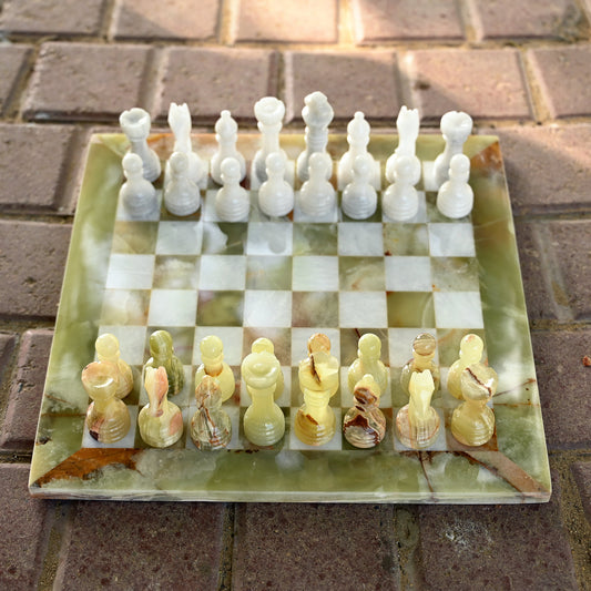 12 Inches Green Onyx and White Premium Quality Marble Chess Set