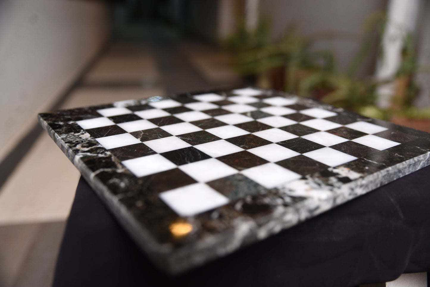 Black Zebra and White Elegant Marble Chess Board 12 Inches