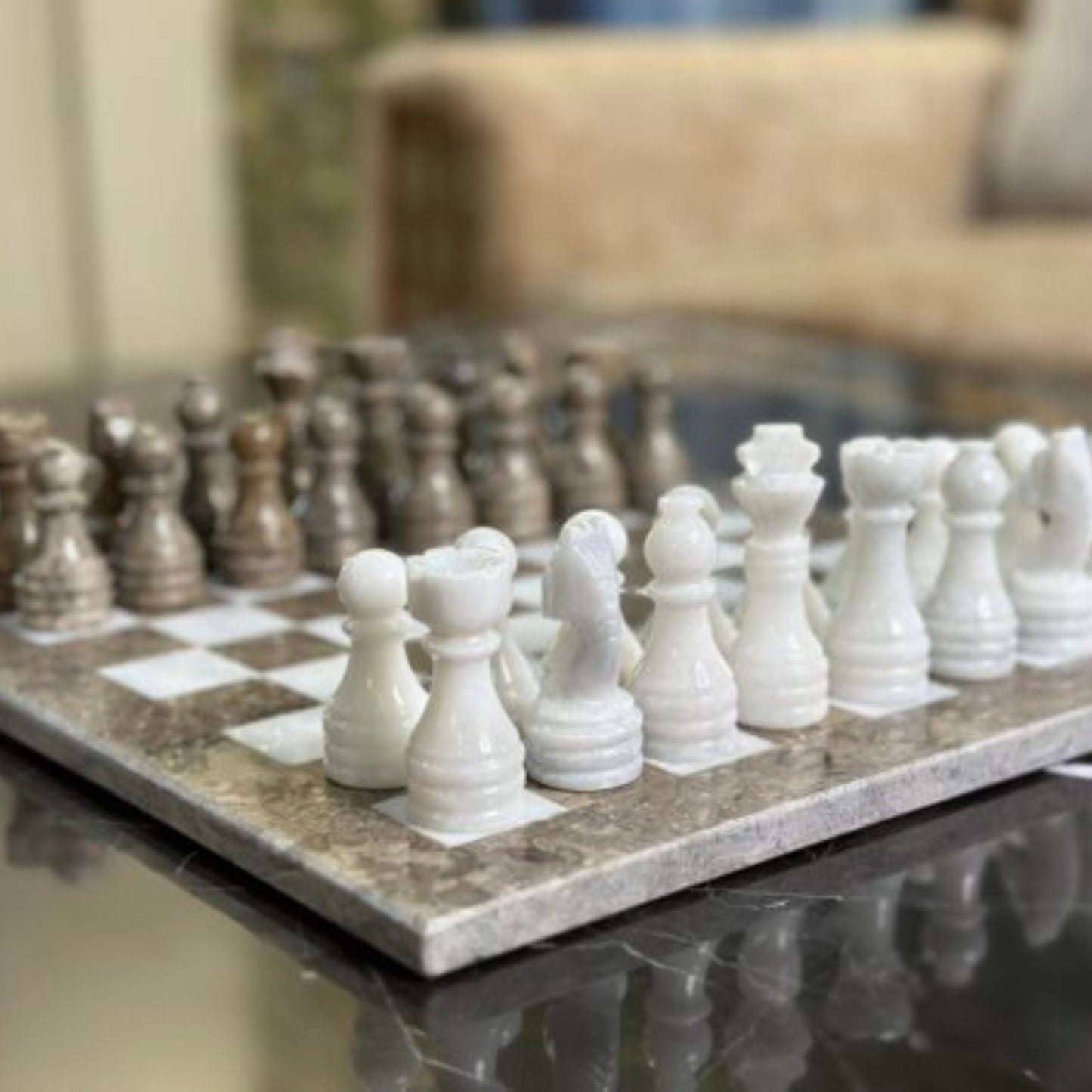 15 Inches Grey and White Elegant Marble Chess Set